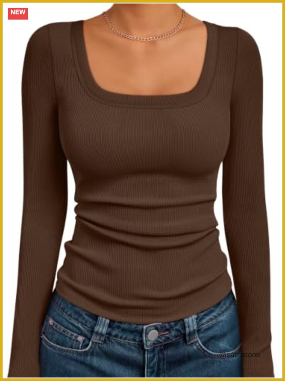 Women's Ribbed Square Neck Long Sleeve Slim Fit Top Fall Layering Basic